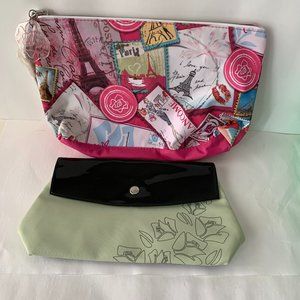 Lot of 2 Lancome Pink & Green Cosmetic Makeup Bag Rose Design Zipper Closure New